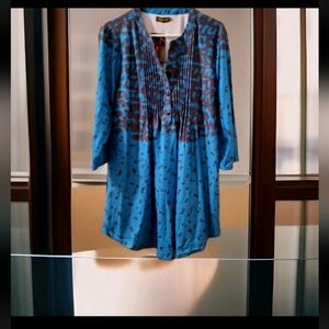 Blue Half Button Animal Print Women's 1X Blouse